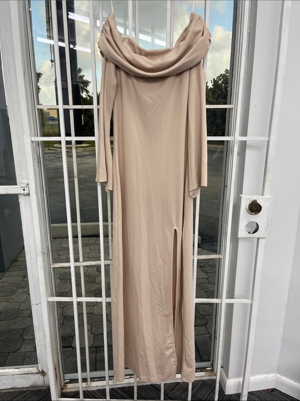 Draped Off-Shoulder Maxi Dress in Beige